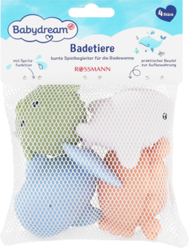 Zestaw Babydream zwierzątka do kąpieli: 4 kolorowe gumowe zabawki (zielona, niebieska, biała, pomarańczowa) w siatce.