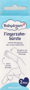 Babydream Fingerzahnbürste, 2 sztuki, w niebieskim opakowaniu, z ilustracją dłoni i cechami produktu.