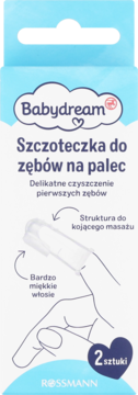 Babydream szczoteczka do zębów na palec, 2 sztuki w niebiesko-białym opakowaniu, widok z przodu.