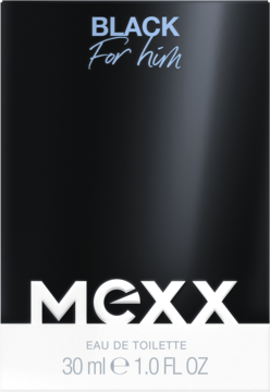 Mexx Black For Him, elegancka woda toaletowa w pionowym czarnym opakowaniu z widocznym białym logo.