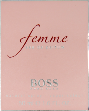Różowe pudełko perfum Hugo Boss Femme Eau de Parfum 50ml, widok frontalny z srebrnym logo i czerwonym napisem.