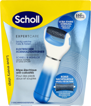 Żółto-niebieskie opakowanie Scholl ExpertCare, widoczny elektryczny pilnik do stóp z biało-niebieskim uchwytem.