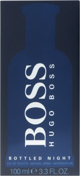 Ciemnoniebieskie pudełko Hugo Boss Bottled Night EDT, z przodu białe logo BOSS i sylwetka flakonu.
