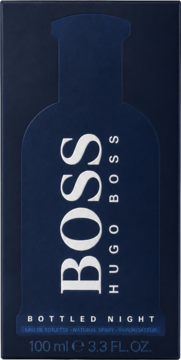 Granatowe pudełko Boss Bottled Night woda toaletowa 100ml Hugo Boss, z białym napisem BOSS, widok z przodu.