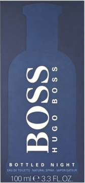 Hugo Boss Bottled Night woda toaletowa 100 ml, ciemnoniebieskie opakowanie w kształcie butelki, widok z przodu.