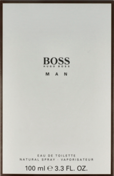 Hugo Boss Man Eau de Toilette 100ml. Jasnoszare opakowanie z brązowymi brzegami, widok z przodu.
