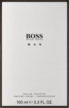 Hugo Boss Man woda toaletowa, front białego pudełka z czarnym napisem, męski świeży drzewno-korzenny zapach.