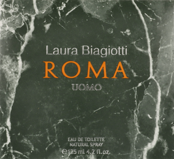Opakowanie perfum męskich Laura Biagiotti ROMA UOMO, ciemny marmur z pomarańczowym napisem, widok z przodu.