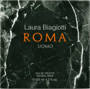Laura Biagiotti ROMA UOMO EDT 125ml, ciemne pudełko z marmurkowym wzorem. Biało-pomarańczowe napisy, front.