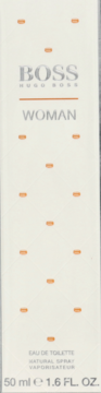 Białe opakowanie perfum BOSS WOMAN 50 ml, widok z przodu z szarym napisem i pomarańczowymi detalami.