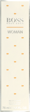 Białe opakowanie perfum BOSS Woman Eau de Toilette 75 ml, widok z przodu z pomarańczowymi detalami i logo.