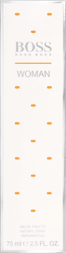 Perfumy Hugo Woman EDT w białym kartoniku 75 ml. Kwiatowo-owocowy zapach, widok z przodu, szary napis, pomarańczowe detale.