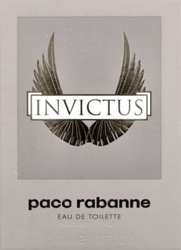 Szare opakowanie wody toaletowej Paco Rabanne Invictus 50ml z centralnym, skrzydlatym emblematem.