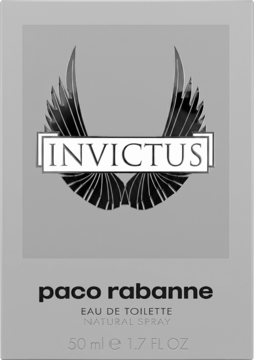 Męska woda toaletowa Paco Rabanne Invictus 50ml w szarym kartoniku z logo skrzydeł i napisem Invictus, widok z przodu.