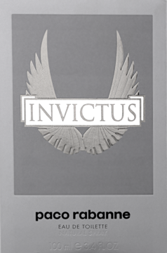 Paco Rabanne Invictus, męska woda toaletowa, szare opakowanie z wypukłym srebrnym logo skrzydeł, widok z przodu.