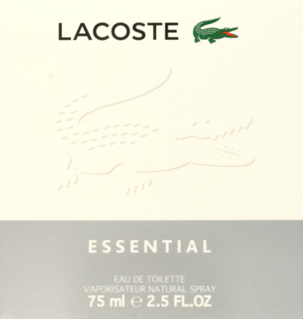Opakowanie Lacoste Essential woda toaletowa 75 ml, biało-szare, z zielonym krokodylem, widok z przodu.