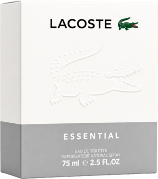 Białe pudełko Lacoste Essential woda toaletowa 75 ml, z wytłoczonym krokodylem, szary spód, widok z przodu.