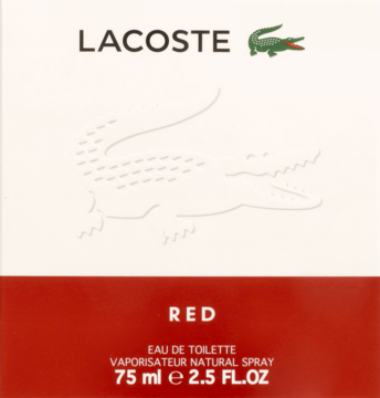 Frontalny widok pudełka Lacoste Red, 75ml. Biała góra z wytłoczonym krokodylem, czerwony dół z napisem RED.