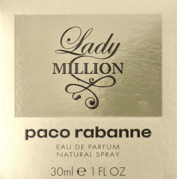 Złote opakowanie perfum Paco Rabanne Lady Million EDP 30ml, z czarnym napisem, widok z przodu.