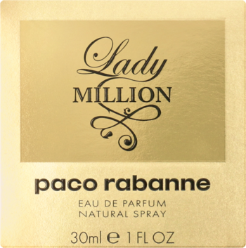 Złote pudełko Paco Rabanne Lady Million woda perfumowana 30ml, widok z przodu, czarne napisy na matowym tle.