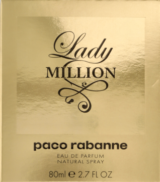 Paco Rabanne Lady Million 80ml, złote pudełko perfum damskich z błyszczącym wykończeniem, widok z przodu.