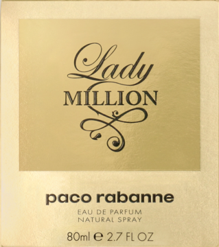 Złote opakowanie perfum Paco Rabanne Lady Million, widok z przodu, czarny napis, pojemność 80 ml.