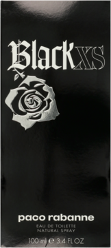 Paco Rabanne Black XS woda toaletowa w czarnym kartoniku, srebrny napis i grafika róży, widok z przodu.