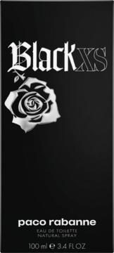 Paco Rabanne Black XS woda toaletowa męska, czarny kartonik z gotyckim napisem i dużą srebrną różą, widok z przodu.