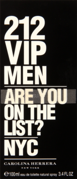 Pudełko perfum Carolina Herrera 212 VIP Men 100ml EDT, czarne z białym tekstem, widok z przodu.