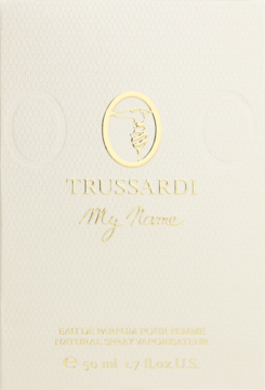 Front jasnobeżowego pudełka Trussardi My Name z wytłoczoną fakturą, złotym logo i napisami. Woda perfumowana 50ml.