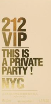 Złote opakowanie perfum Carolina Herrera 212 VIP z brązowymi napisami 'THIS IS A PRIVATE PARTY!' i 'NYC' na beżowym tle.