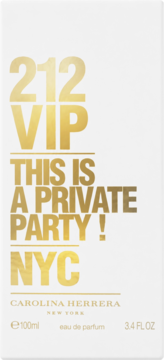 Białe pudełko perfum Carolina Herrera 212 VIP 100ml, ze złotym napisem '212 VIP THIS IS A PRIVATE PARTY!' na froncie.