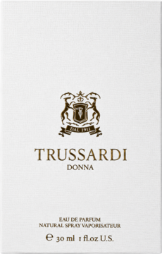 Trussardi Donna EDP 30ml w białym kartoniku z eleganckimi złotymi napisami i herbem, widok z przodu.
