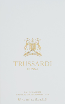 Donna Trussardi woda perfumowana, białe pudełko z eleganckim złotym logo i napisem, widok z przodu, 50 ml.