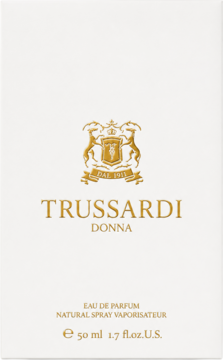 Trussardi Donna woda perfumowana 50 ml, białe pudełko ze złotym herbem i napisem, widok frontalny.