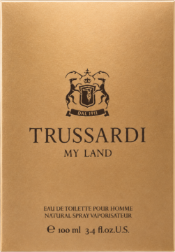 Złote opakowanie Trussardi My Land Eau de Toilette dla mężczyzn 100 ml z godłem marki, widok z przodu.