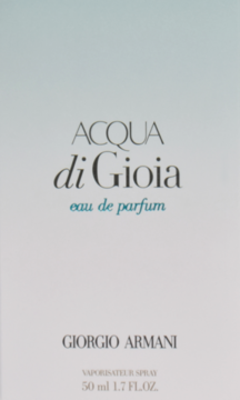 Pudełko perfum damskich Armani Acqua di Gioia eau de parfum, białe z błękitnym gradientem na górze, widok z przodu.