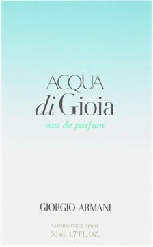Woda perfumowana damska Armani Acqua di Gioia, pudełko w błękitnym gradiencie, widok z przodu, z logo.