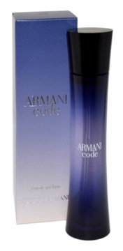 Granatowa butelka Armani Code Eau de Parfum z pudełkiem, widok z przodu, gradientowe odcienie niebieskiego.