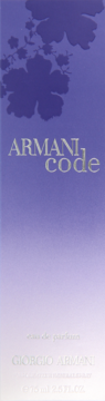Fioletowo-lawendowe opakowanie Armani Code eau de parfum Giorgio Armani z wzorem liści, widok z przodu.
