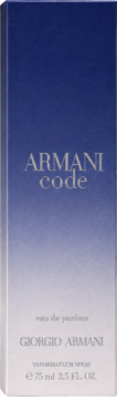 Pionowe opakowanie damskiej wody perfumowanej Armani Code 75 ml, gradient niebiesko-biały, widok z przodu.