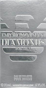 Srebrne, błyszczące opakowanie perfum Emporio Armani Diamonds for Men EDT, z dużym wytłoczonym logo orła, widok z przodu.