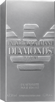 Męska woda toaletowa Emporio Armani Diamonds for Men, srebrne pudełko 50ml, wytłoczone logo, widok z przodu.