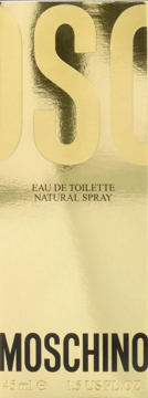 Złote pudełko damskiej wody toaletowej Moschino 45 ml, widok z przodu, czarny napis i złote litery.
