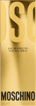 Złote, błyszczące pudełko Moschino Eau de Toilette Natural Spray, z czarnymi napisami i '45 ml', widok z przodu.