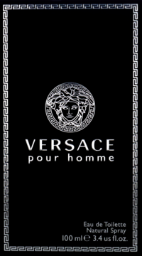 Versace Pour Homme, czarna butelka 100ml, srebrne logo Meduzy i grecki wzór na froncie, woda toaletowa.
