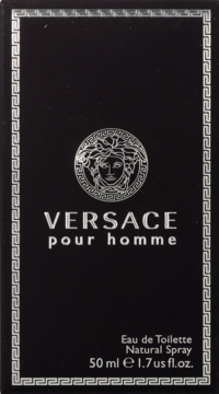 Czarne pudełko Versace Pour Homme EDT 50ml ze srebrnym logo Meduzy, nazwą i greckim wzorem, widok z przodu.