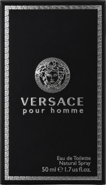 Czarne opakowanie Versace Pour Homme Eau de Toilette z logo Meduzy i srebrnymi detalami, widok z przodu.