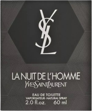 Męska woda toaletowa YSL La Nuit de L'Homme w czarnym pudełku 60ml, srebrne logo, hexagonalny wzór, widok z przodu.