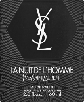 Czarne pudełko męskiej YSL La Nuit de L'Homme Eau de Toilette 60 ml z białym logo i tekstem, widok z przodu.